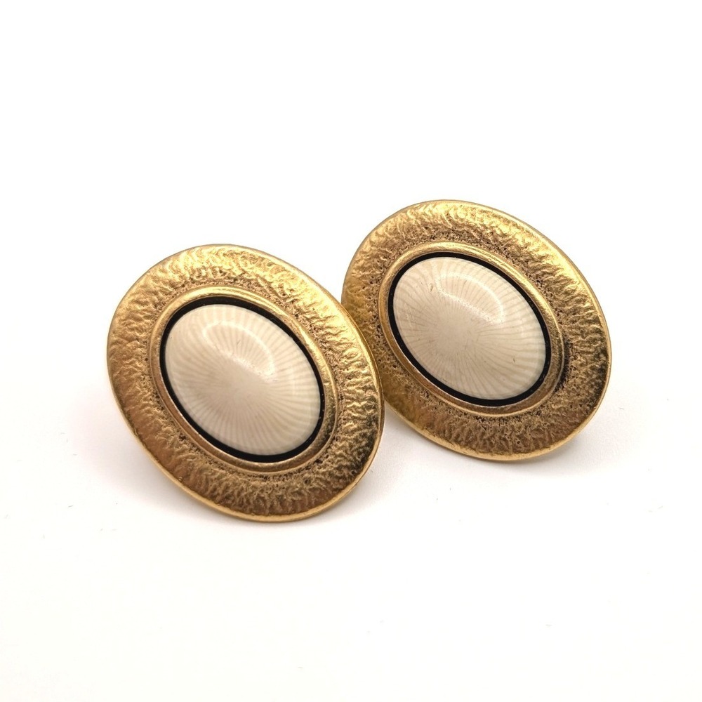 Napier Vintage Gold Tone Oval Stud Earrings Cream Cabochon Textured 1 Inch